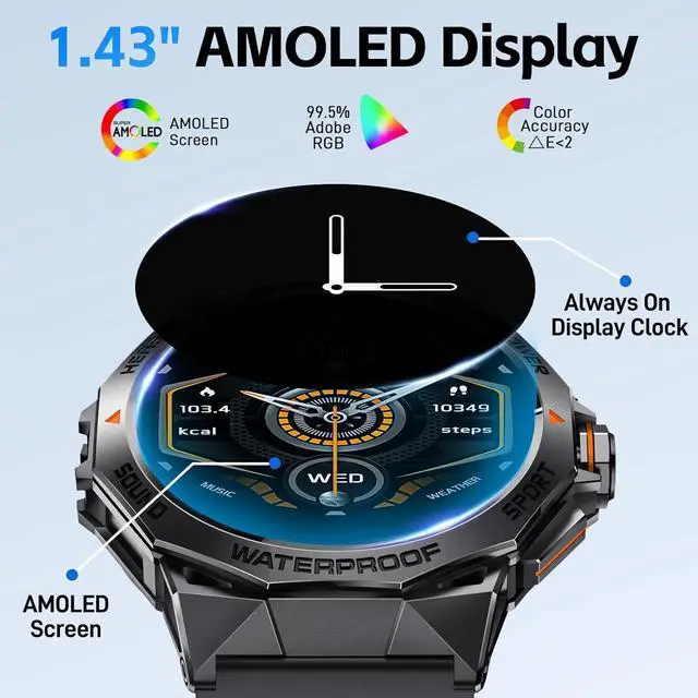 Alt view image 3 of 7 - BONAEVER Military Smart Watch for Men AMOLED 1.43" Rugged Smart Watch with 100+ Sports Modes Fitness Tracker Watch with Heart Rate Sleep Tracker Tactical Smartwatch for iPhone Android