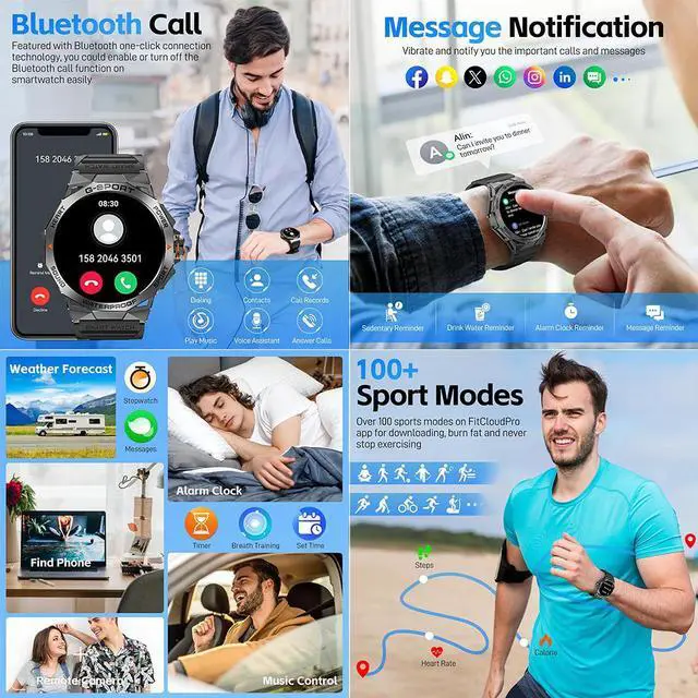 Alt view image 6 of 7 - BONAEVER Military Smart Watch for Men AMOLED 1.43" Rugged Smart Watch with 100+ Sports Modes Fitness Tracker Watch with Heart Rate Sleep Tracker Tactical Smartwatch for iPhone Android