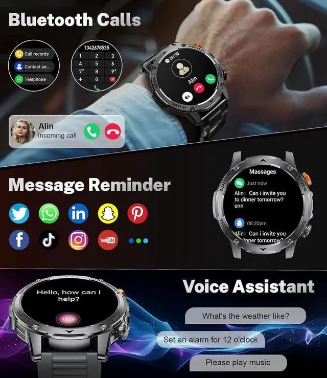 Alt view image 4 of 7 - BONAEVER Smart Watch for Men (Make/Answer Calls) with 1000mAh, 1.75" HD Screen Smartwatch with Flashlight, Heart Rate/Sleep Monitor, IP68 Waterproof, 100+ Sports Modes for Android iOS, 3 Straps