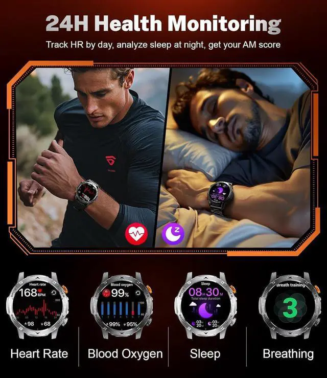 Alt view image 6 of 7 - BONAEVER Smart Watch for Men (Make/Answer Calls) with 1000mAh, 1.75" HD Screen Smartwatch with Flashlight, Heart Rate/Sleep Monitor, IP68 Waterproof, 100+ Sports Modes for Android iOS, 3 Straps