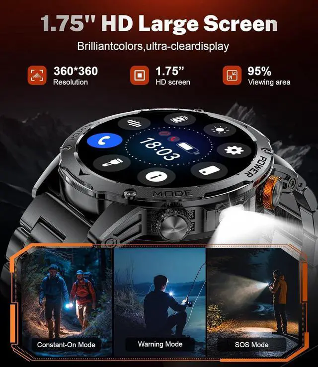 Alt view image 2 of 7 - BONAEVER Smart Watch for Men (Make/Answer Calls) with 1000mAh, 1.75" HD Screen Smartwatch with Flashlight, Heart Rate/Sleep Monitor, IP68 Waterproof, 100+ Sports Modes for Android iOS, 3 Straps