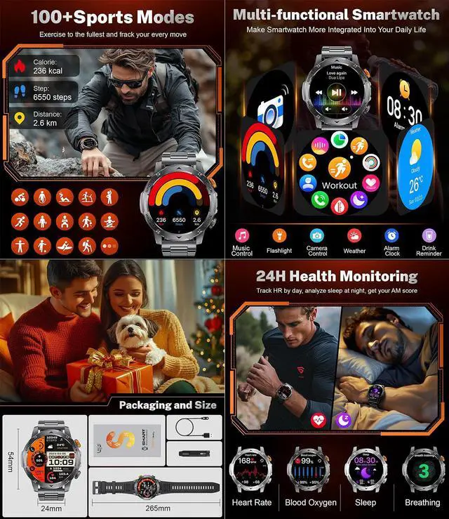 Alt view image 7 of 7 - BONAEVER Smart Watch for Men (Make/Answer Calls) with 1000mAh, 1.75" HD Screen Smartwatch with Flashlight, Heart Rate/Sleep Monitor, IP68 Waterproof, 100+ Sports Modes for Android iOS, 3 Straps