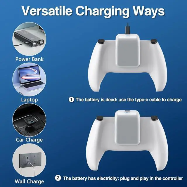 Alt view image 4 of 7 - BONAEVER 2X 3000mAh PS5 Controller External Battery Pack, PS5 Replacement Battery Extender for Sony PlayStation 5 DualSense LIP1708 CFI-ZCT1W Controller with USB-C Charging Cable
