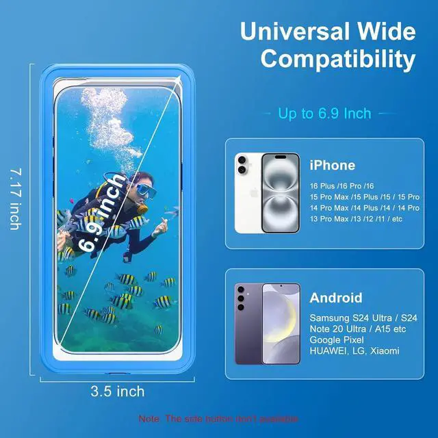 Alt view image 3 of 7 - BONAEVER Waterproof Phone Case, Underwater Phone Case for Snorkeling, Universal IPX8 Diving Case with Lanyard Up to 6.9" for Phone 16/15/14/13/12 Pro Max, Galaxy S25/S24/S23/S22/Google/Moto Blue