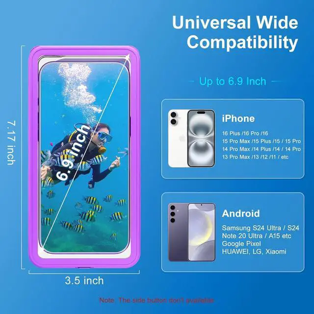 Alt view image 4 of 7 - BONAEVER Waterproof Phone Case, Underwater Phone Case for Snorkeling, Universal IPX8 Diving Case with Lanyard Up to 6.9" for Phone 16/15/14/13/12 Pro Max, Galaxy S25/S24/S23/S22/Google/Moto Purple