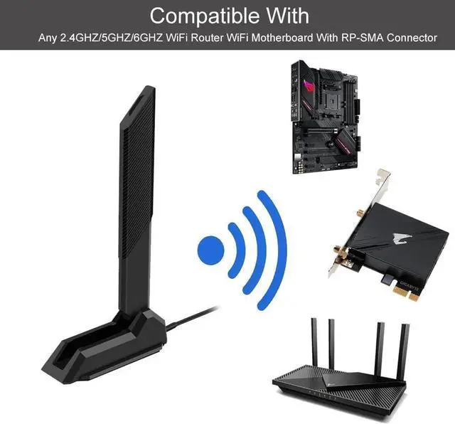 Alt view image 4 of 7 - BONAEVER External WiFi 6 6E Tri-Band Antenna 6GHz 5.8GHz 2.4GHz Magnetic Base Replacement Antenna for PC Desktop Computer Asus Rog Strix Gigabyte Aorus Gaming WiFi Motherboard Card, Slinkdsco