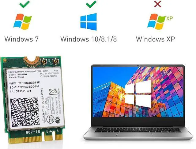 Alt view image 3 of 7 - BONAEVER Intel 7260NGW Wireless WiFi Card for Laptop, M.2 WiFi Module Dual Band 2.4Ghz/5.8Ghz AC 1200Mbps Wireless Network Adapter with Bluetooth 4.0 Support Windows 10, Windows 8, Windows 7