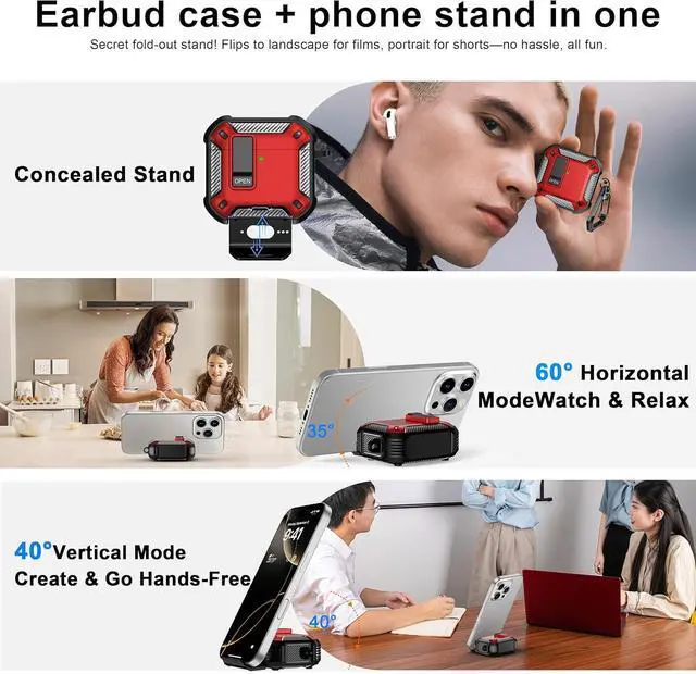 Alt view image 5 of 6 - BONAEVER for AirPods 4th Generation Case, Compatible with AirPods 4 Case (2024), Military-Grade Drop Protection, Comes with Cleaning Kit, Comes with Phone Holder Function Red