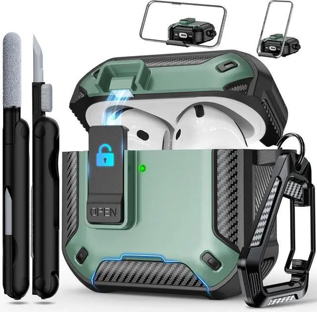 Main image of BONAEVER for AirPods 4th Generation Case, Compatible with AirPods 4 Case (2024), Military-Grade Drop Protection, Comes with Cleaning Kit, Comes with Phone Holder Function Green