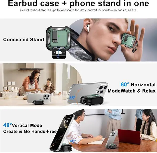 Alt view image 4 of 6 - BONAEVER for AirPods 4th Generation Case, Compatible with AirPods 4 Case (2024), Military-Grade Drop Protection, Comes with Cleaning Kit, Comes with Phone Holder Function Green