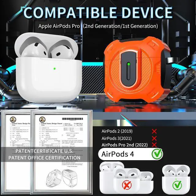 Alt view image 2 of 7 - BONAEVER Case for AirPods 4th Generation 2024 Compatible with AirPods 4 Generation, with Locking Feature, Military Grade Drop Protection, Works with MagSafe Orange