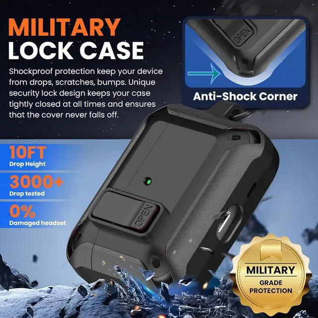 Alt view image 4 of 7 - BONAEVER Compatible with AirPods Pro 3 Case Lock 2025, Shockproof AirPods iPod Pro 3rd Generation Protective Case Cover for Men Women with Cleaning Kit & Carabiner