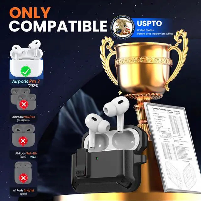 Alt view image 2 of 7 - BONAEVER Compatible with AirPods Pro 3 Case Lock 2025, Shockproof AirPods iPod Pro 3rd Generation Protective Case Cover for Men Women with Cleaning Kit & Carabiner