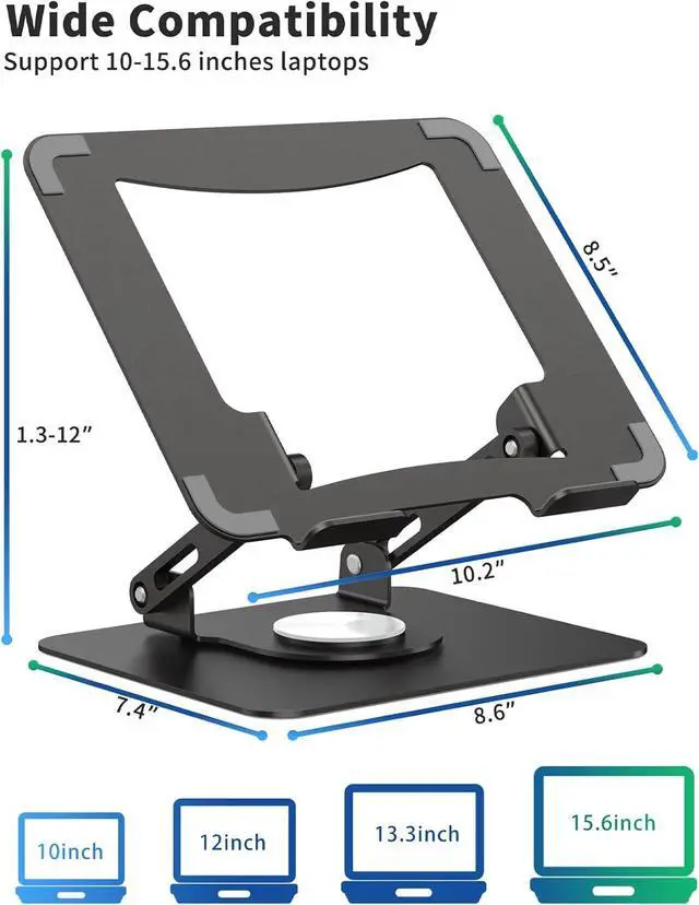 Alt view image 4 of 7 - BONAEVER Laptop Stand with 360° Rotating Base, Ergonomic Computer Riser for Desk, Adjutable Height Muti-Angle, Foldable Laptop Mount, Stable Metal Holder Support 10-15.6" Notebook PC, Black
