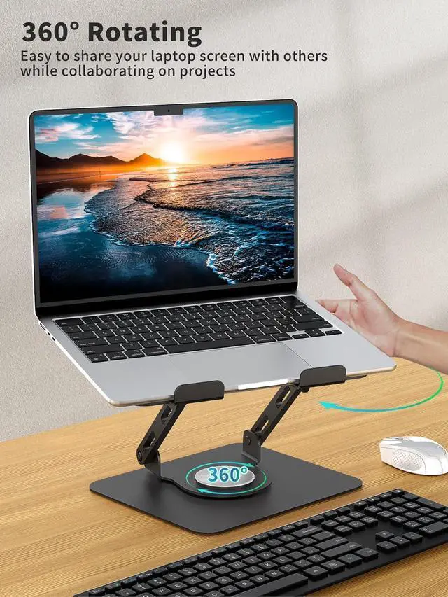 Alt view image 2 of 7 - BONAEVER Laptop Stand with 360° Rotating Base, Ergonomic Computer Riser for Desk, Adjutable Height Muti-Angle, Foldable Laptop Mount, Stable Metal Holder Support 10-15.6" Notebook PC, Black