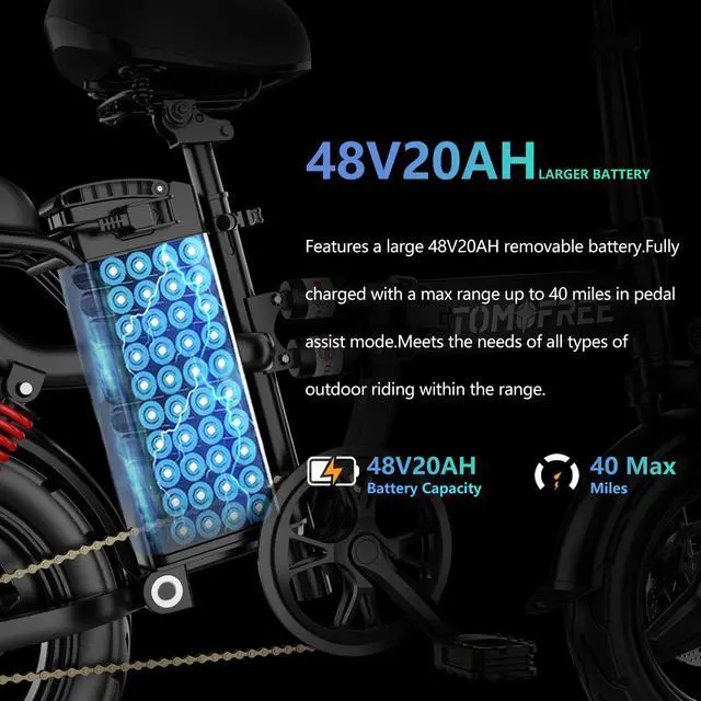 Alt view image 5 of 7 - Tomofree Foldable Ebikes For Adults, 500W Motor 3- Speed 25MPH, PAS 40Miles Range, 48V 20AH Battery With 14" Tire City Commuter E-Bike