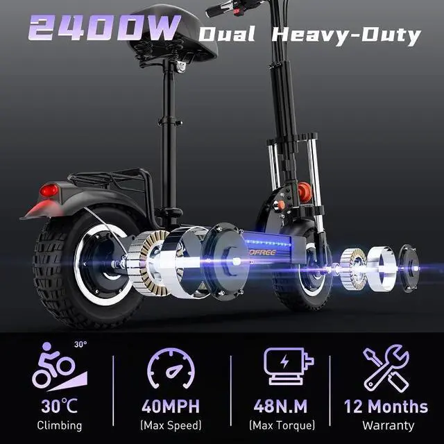 Alt view image 3 of 7 - Tomofree 11'' Off-Road Electric Scooter 2400W Dual Motor 48V 30Ah Battery 40Mph with Seat