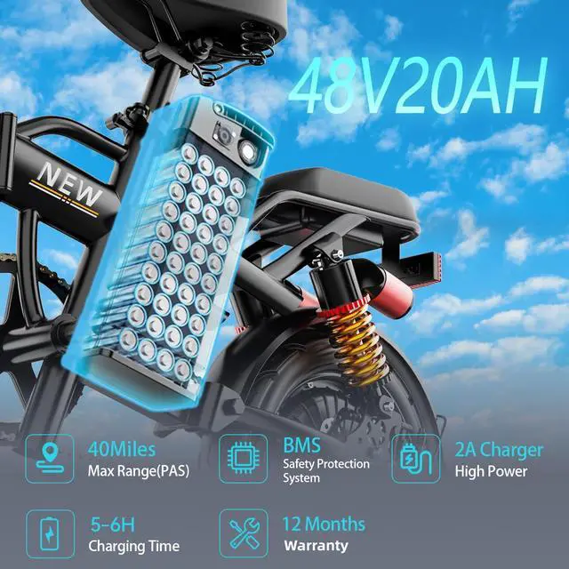 Alt view image 5 of 7 - TOMOFREE S1 PRO 14'' Electric Folding Bike Bicycle Peak 800W 48V 20AH Removable Battery 21.5MPH PAS 40Miles Max load 180 lbs