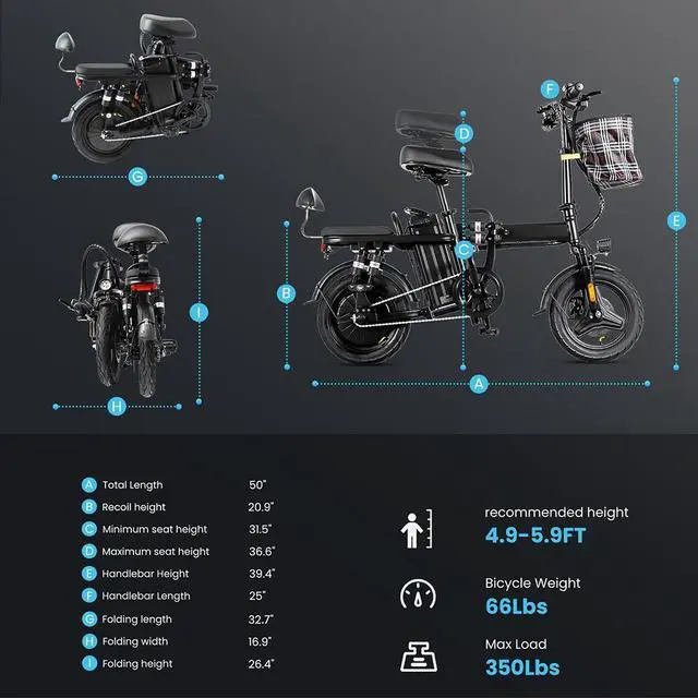 Alt view image 7 of 7 - A9 14'' Electric Folding Bike Bicycle 500W Brushless Motor 48V 15AH Li-ion Removable Battery 20mph Black