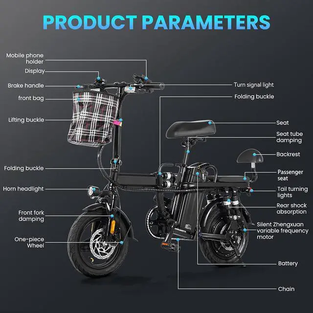 Alt view image 6 of 7 - A9 14'' Electric Folding Bike Bicycle 500W Brushless Motor 48V 15AH Li-ion Removable Battery 20mph Black