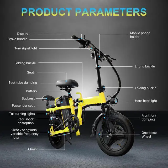 Alt view image 6 of 7 - A9 14'' Electric Folding Bike Bicycle Peak 750W Brushless Motor 48V 20AH Li-ion Battery 20mph Yellow