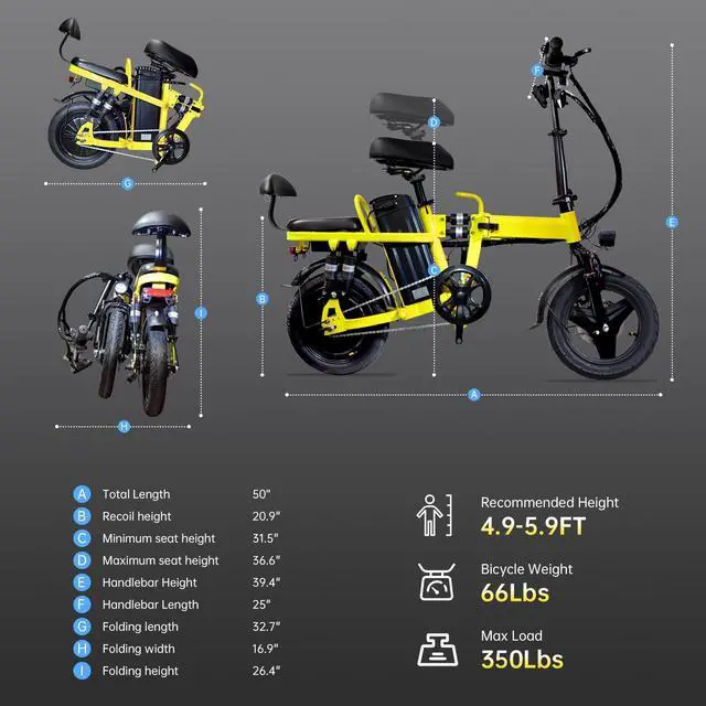 Alt view image 7 of 7 - A9 14'' Electric Folding Bike Bicycle Peak 750W Brushless Motor 48V 20AH Li-ion Battery 20mph Yellow