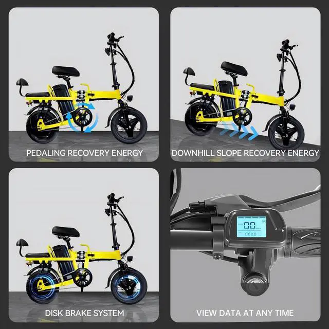 Alt view image 5 of 7 - A9 14'' Electric Folding Bike Bicycle Peak 750W Brushless Motor 48V 20AH Li-ion Battery 20mph Yellow