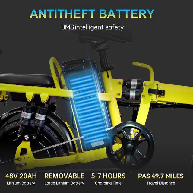 Alt view image 3 of 7 - A9 14'' Electric Folding Bike Bicycle Peak 750W Brushless Motor 48V 20AH Li-ion Battery 20mph Yellow