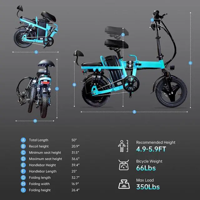 Alt view image 7 of 7 - A9 14" Electric Folding Bike Bicycle Peak 750W Brushless Motor 48V 20AH Li-ion Battery 20mph Blue