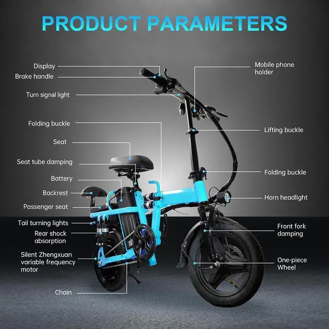 Alt view image 6 of 7 - A9 14" Electric Folding Bike Bicycle Peak 750W Brushless Motor 48V 20AH Li-ion Battery 20mph Blue