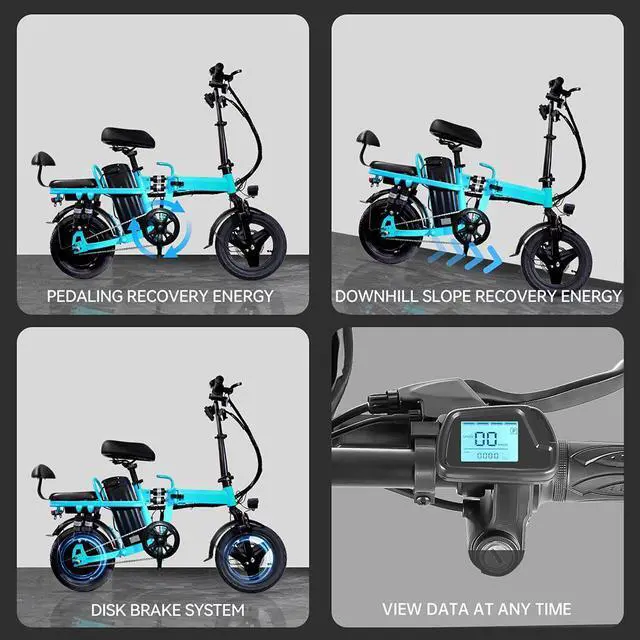 Alt view image 4 of 7 - A9 14" Electric Folding Bike Bicycle Peak 750W Brushless Motor 48V 20AH Li-ion Battery 20mph Blue