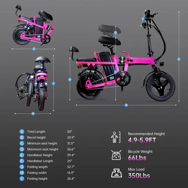 Alt view image 7 of 7 - A9 14'' Electric Folding Bike Bicycle Peak 750W Brushless Motor 48V 20AH Li-ion Removable Battery 20mph Pink