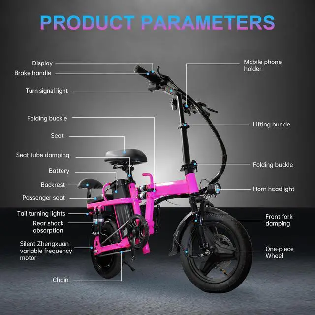 Alt view image 6 of 7 - A9 14'' Electric Folding Bike Bicycle Peak 750W Brushless Motor 48V 20AH Li-ion Removable Battery 20mph Pink