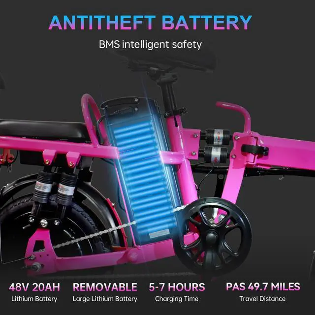 Alt view image 3 of 7 - A9 14'' Electric Folding Bike Bicycle Peak 750W Brushless Motor 48V 20AH Li-ion Removable Battery 20mph Pink