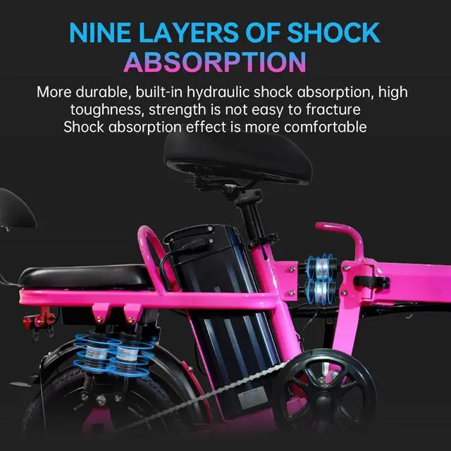 Alt view image 4 of 7 - A9 14'' Electric Folding Bike Bicycle Peak 750W Brushless Motor 48V 20AH Li-ion Removable Battery 20mph Pink
