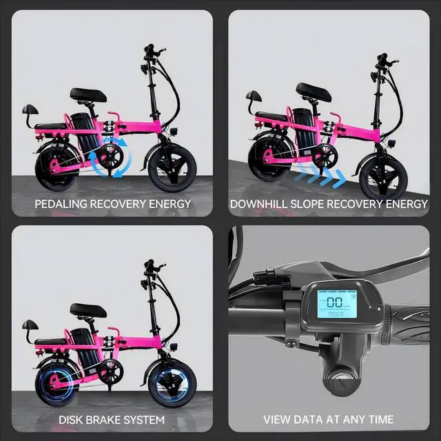 Alt view image 5 of 7 - A9 14'' Electric Folding Bike Bicycle Peak 750W Brushless Motor 48V 20AH Li-ion Removable Battery 20mph Pink