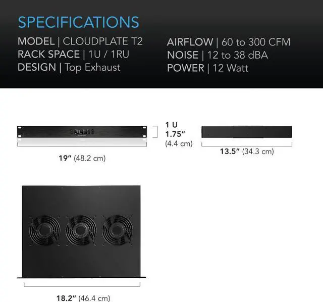 Alt view image 6 of 7 - AC Infinity CLOUDPLATE T2, Rack Mount Fan 1U, Top Exhaust Airflow, for Cooling AV, Home Theater, Network 19 Racks