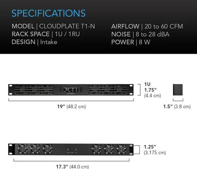 Alt view image 7 of 7 - AC Infinity CLOUDPLATE T1-N, Rack Mount Fan Panel 1U, Intake Airflow, for Cooling AV, Home Theater, Network 19 Racks
