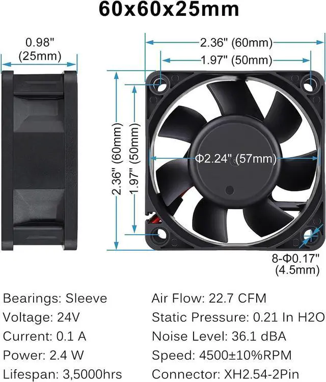 Alt view image 6 of 7 - GDSTIME 60mm x 60mm x 25mm 6cm 2 Wire Dc 24v Brushless Cooling Fan