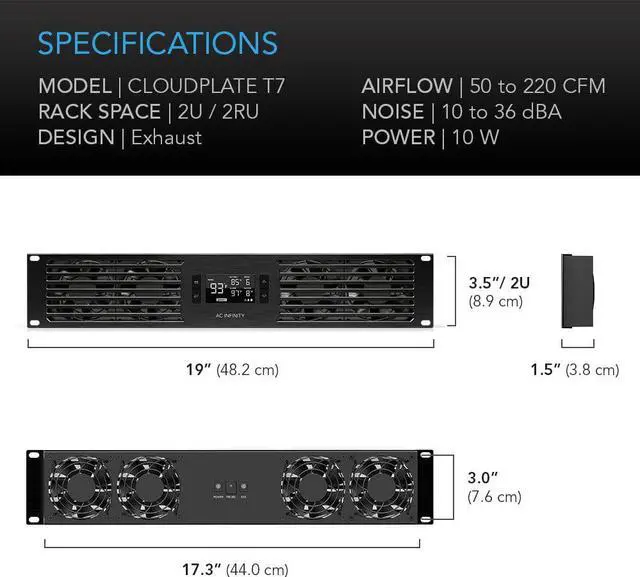 Alt view image 6 of 7 - AC Infinity CLOUDPLATE T7, Rack Mount Fan Panel 2U, Exhaust Airflow, for Cooling AV, Home Theater, Network 19 Racks