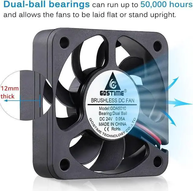 Alt view image 4 of 7 - GDSTIME 50mm x 50mm x 12mm 24v Dual Ball Bearing Brushless Cooling Fan