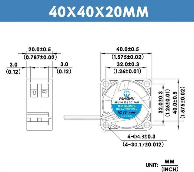 Alt view image 2 of 5 - WINSINN 40mm Fan 12V, 3D Printer Micro 12 Volt Fans 4020 Hydraulic Bearing, Brushless Cooling 40mmx20mm 2PIN (Pack of 4Pcs)