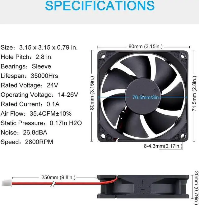 Alt view image 2 of 7 - GDSTIME 80mm x 20mm Fan, 80mm 24V Dc Brushless Cooling Fan