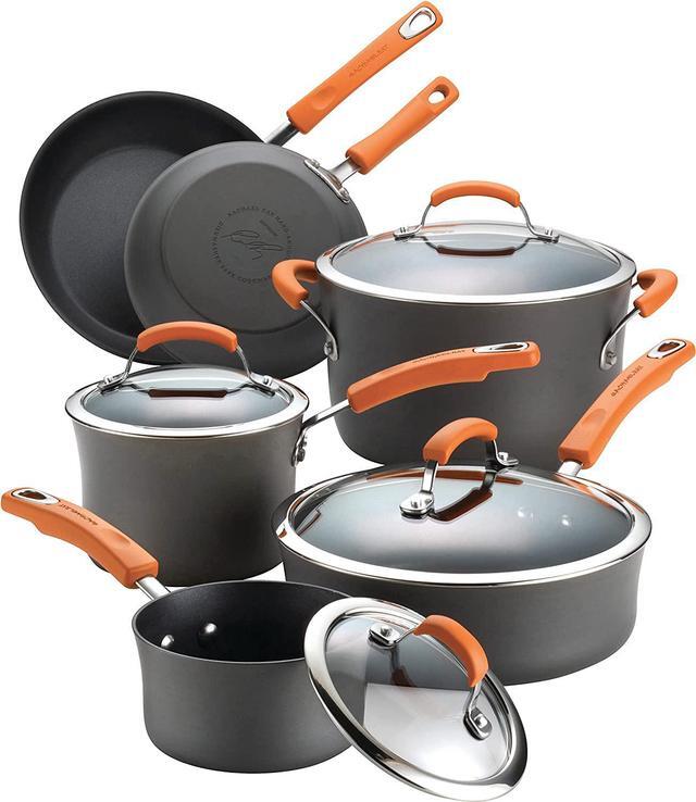 Main image of Rachael Ray Brights Hard-Anodized Aluminum Nonstick Cookware Set with Glass Lids, 10-Piece Pot and Pan Set, Gray with Orange Handles