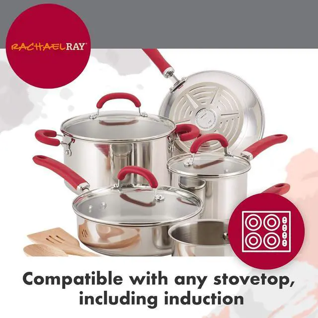 Alt view image 3 of 6 - Rachael Ray Create Delicious Stainless Steel Cookware Set, 10-Piece Pots and Pans Set, Stainless Steel with Red Handles