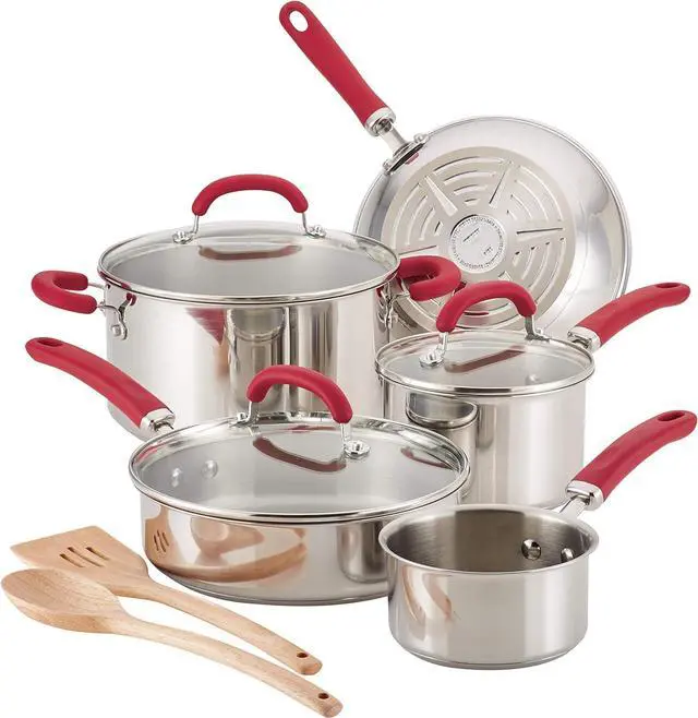 Main image of Rachael Ray Create Delicious Stainless Steel Cookware Set, 10-Piece Pots and Pans Set, Stainless Steel with Red Handles