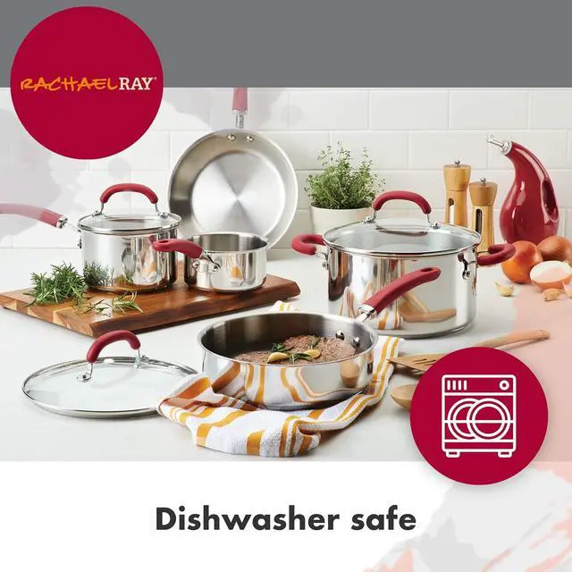 Alt view image 6 of 6 - Rachael Ray Create Delicious Stainless Steel Cookware Set, 10-Piece Pots and Pans Set, Stainless Steel with Red Handles