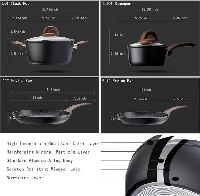 Alt view image 6 of 7 - Pots and Pans Set Non Stick, Ceramic Cookware Set with Granite Pattern Kitchen Cooking Sets Induction Pot and Pan w/Frying Pans, Saucepans, Casserole, Non-Toxic, PTFE/PFOA/PFOS-Free, Black