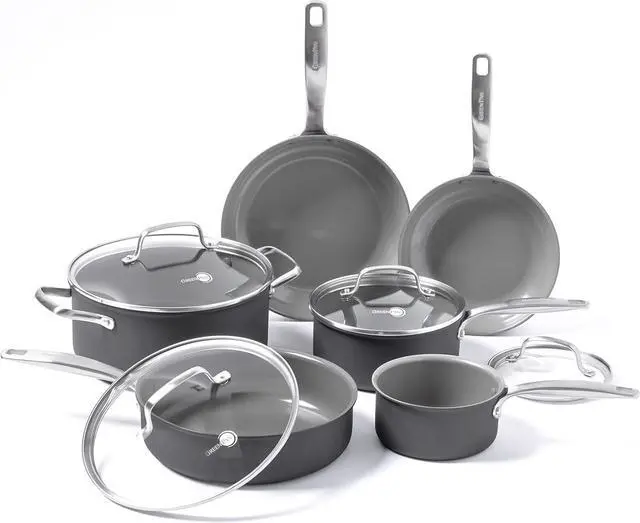 Main image of GreenPan Chatham Hard Anodized Healthy Ceramic Nonstick 10 Piece Cookware Pots and Pans Set, Frying Pan Skillets, Saucepans, Saute Pan, Stockpot, Lids, PFAS-Free, Dishwasher & Oven Safe, Gray