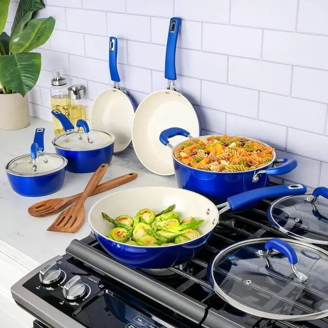 Alt view image 6 of 7 - Kenmore Arlington Nonstick Ceramic Coated Forged Aluminum Induction Cookware with Bakelite Handles, 12-Piece Set, Metallic Blue